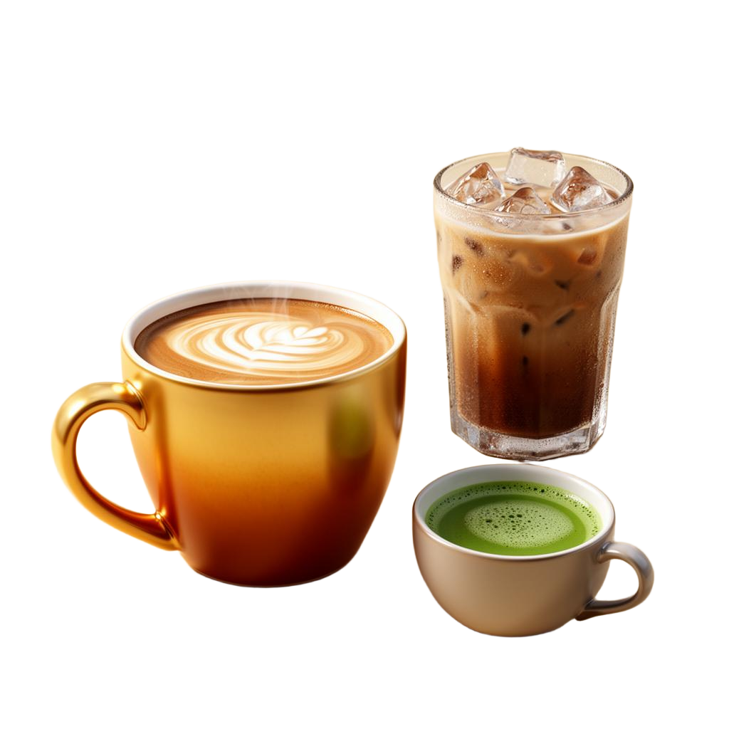 Latte, iced coffee, and matcha
